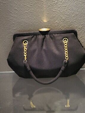 Empress 1950s Black Fedora Wool Evening Bag Gold Chain Straps